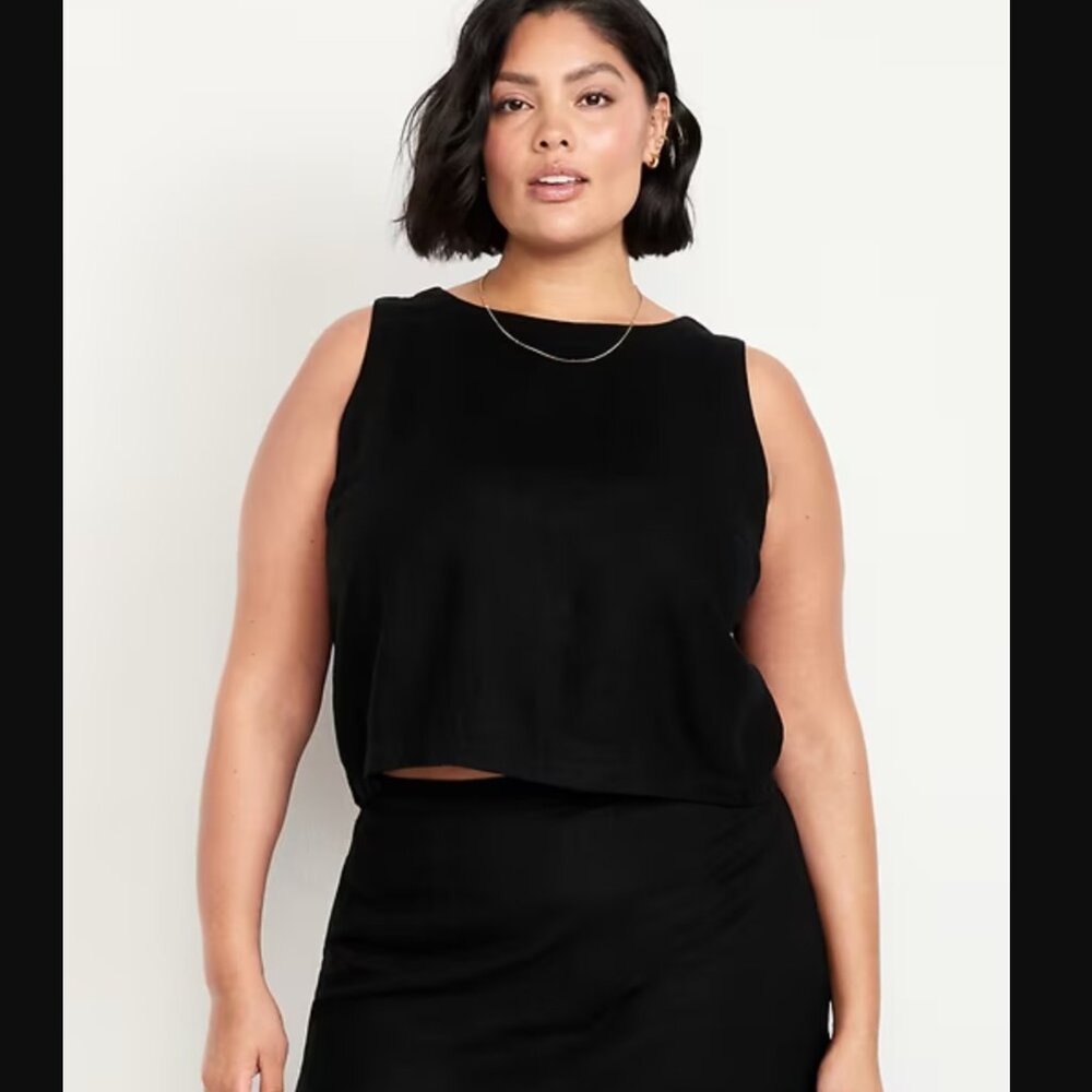 Old Navy Black High-Neck Button-Back Linen-Blend Top NWT 2X Minimalist Basics